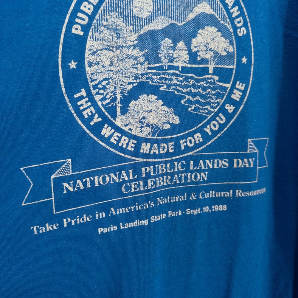 Vintage Single Stitch T-Shirt 1988 Public Lands XL Blue Paris Landing TN Gorp - Picture 5 of 9